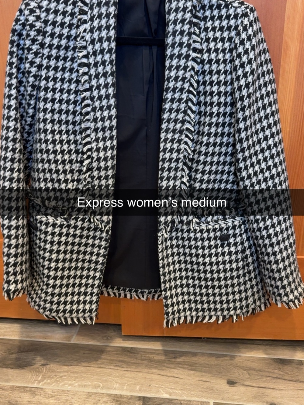 Express Black & White Houndstooth Fringe-Trim Blazer